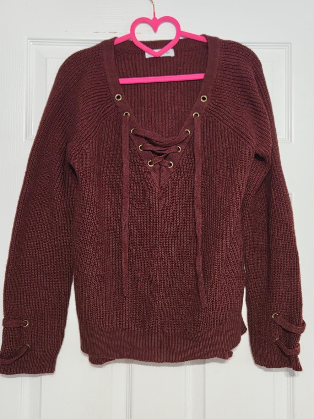 Lace-Up V-Neck Knit Sweater - Wine